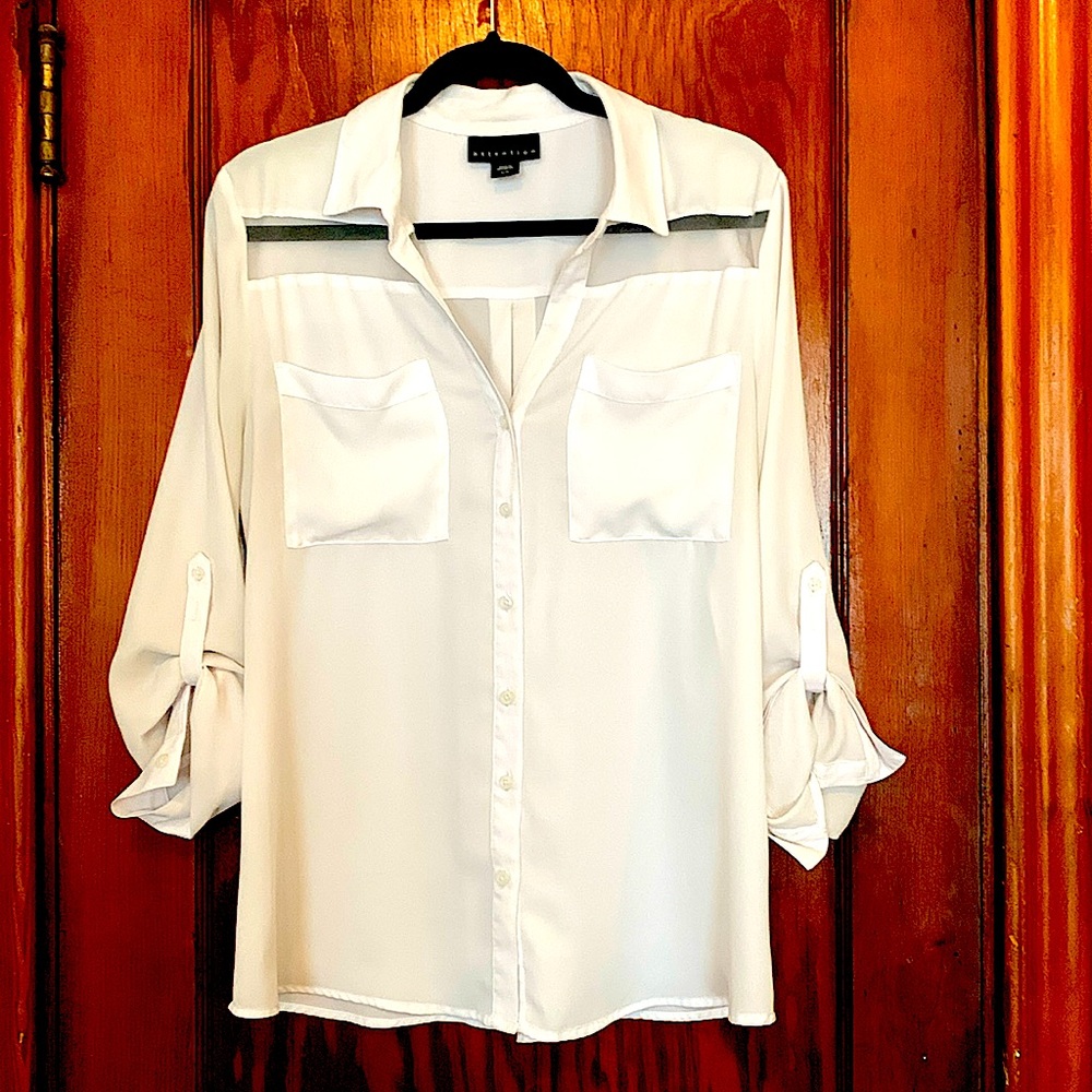 Attention Womens size L white chiffon work button up blouse. Must see.